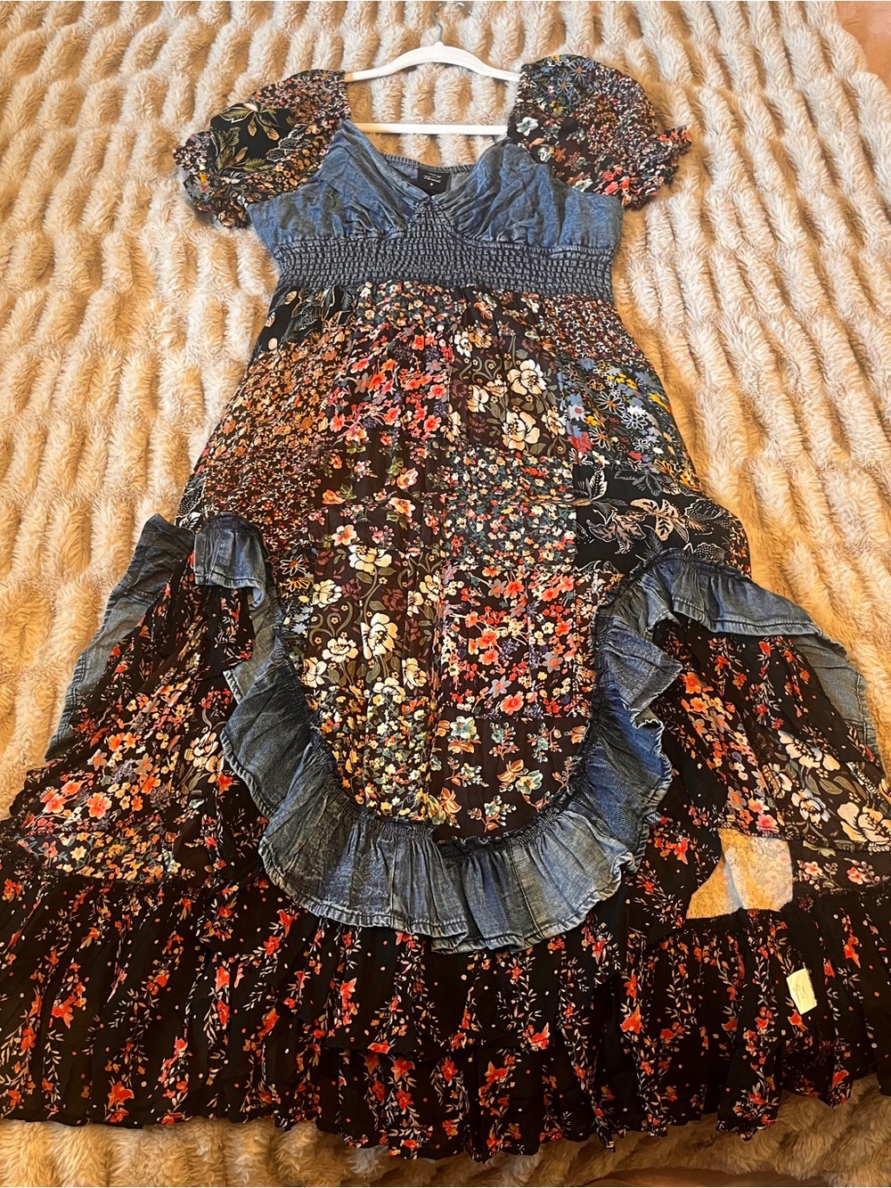 Women’s Black Floral Boho Dress with Denim Trim